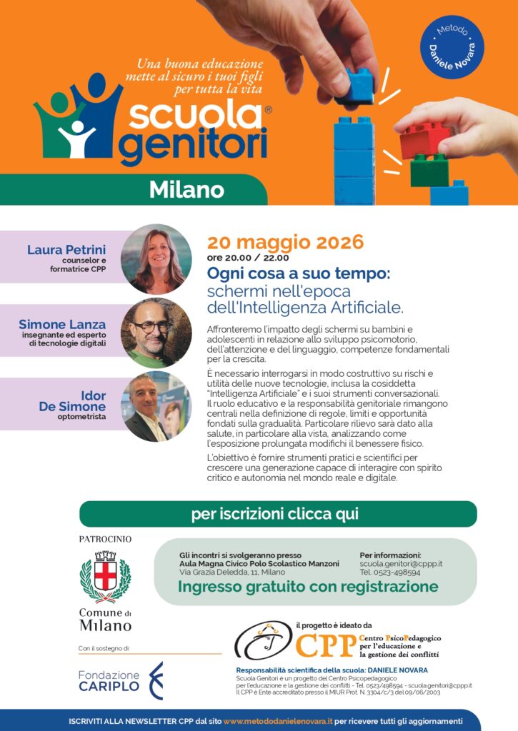 Locandina della scuola Genitori di Milano, secondo appuntamento, 20 maggio 2026