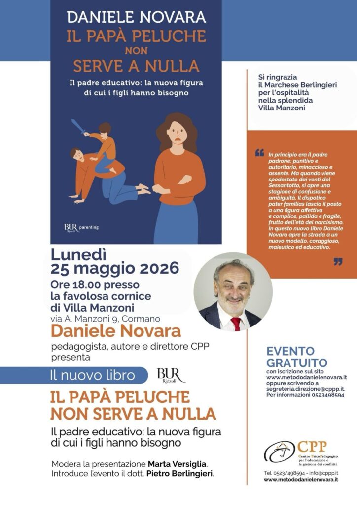 Locandina della presentazione di Daniele Novara a Villa Manzoni del libro "il papà peluche non serve a nulla"