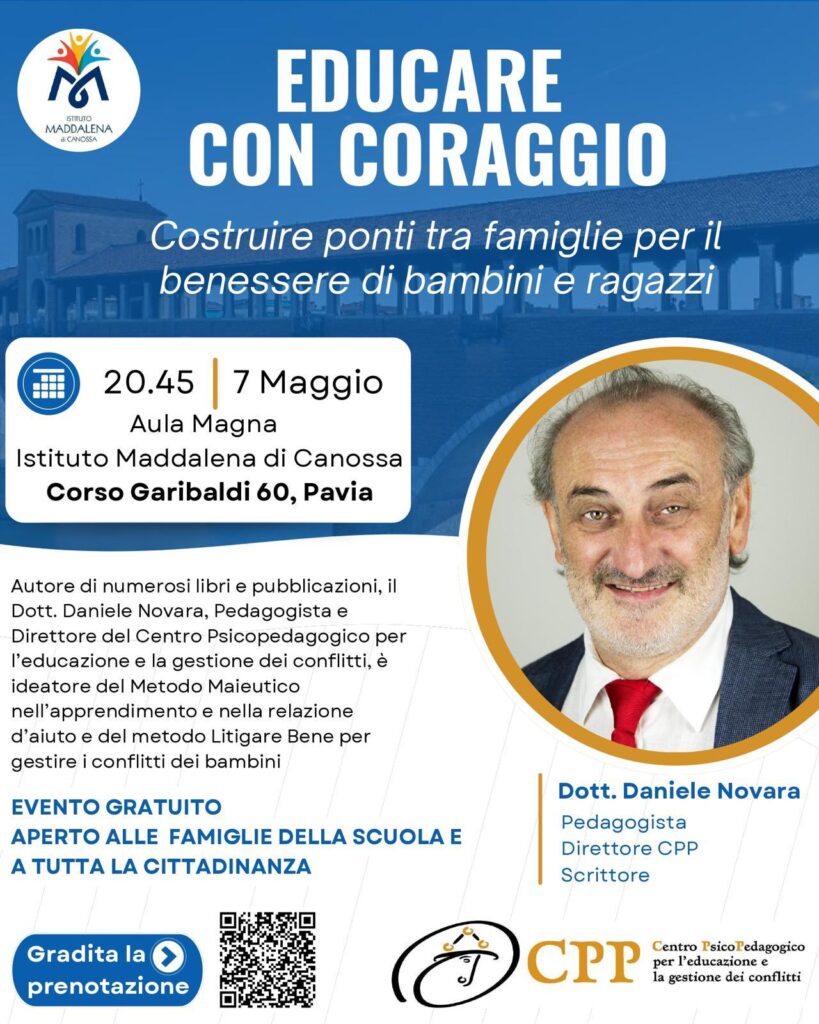 Locandina dell'incontro "Educare con Coraggio" a Pavia, con Daniele Novara