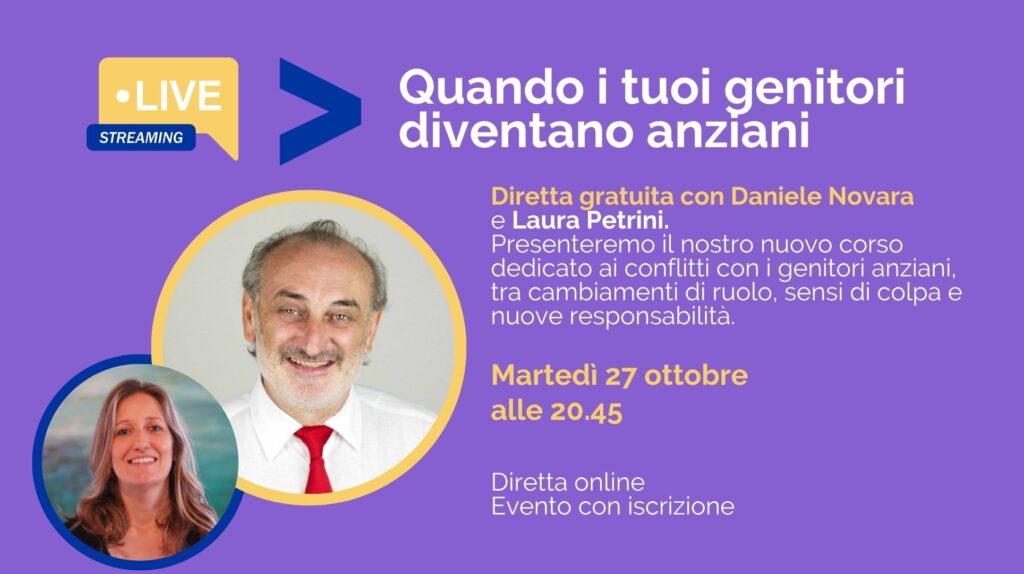 Flyer orizzontale della diretta con Daniele Novara dedicata al lancio del corso "Quando i genitori diventano anziani"