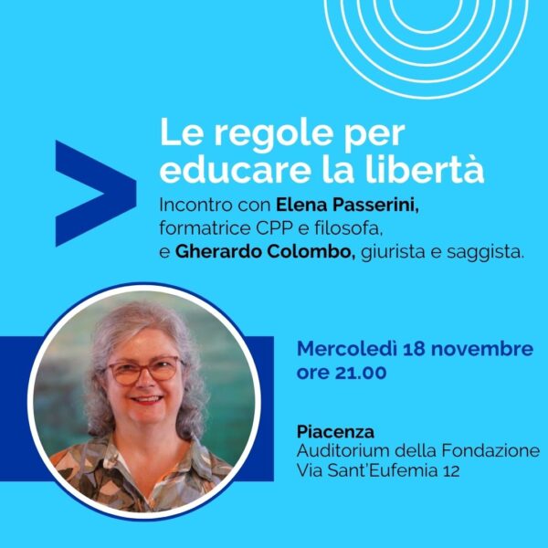 Flyer dell'evento di Elena Passerini e Gherardo Colombo a Piacenza