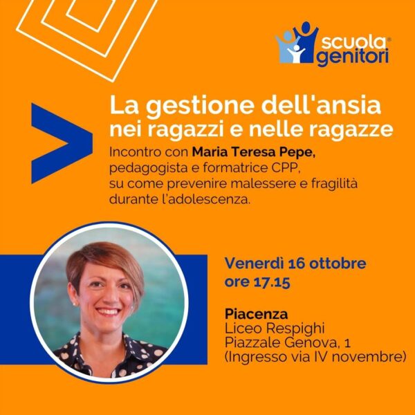 Grafica dell'evento con Maria Teresa Pepe per la scuola genitori di Piacenza
