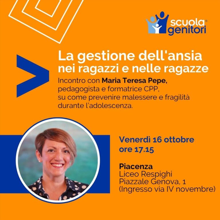 Grafica dell'evento con Maria Teresa Pepe per la scuola genitori di Piacenza