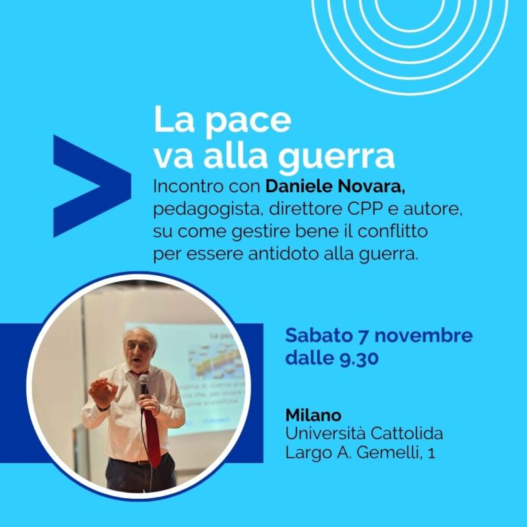 Flyer dell'incontro di Daniele Novara a Milano dedicato alla pace