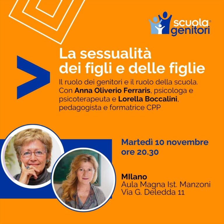 Flyer della Scuola Genitori di Milano con Lorella Boccalini e Anna Oliverio Ferraris.